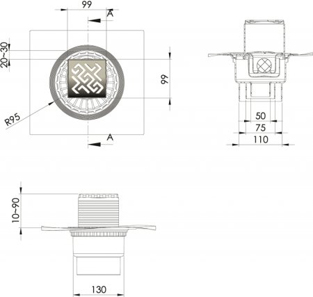 Душевой трап Berges Zentrum Antik 100x100 091464 с решеткой Хром 
