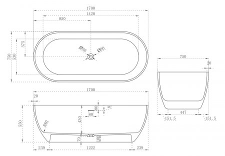 Ванна из искусственного камня ABBER Stein AS9613-1.7 белая матовая 