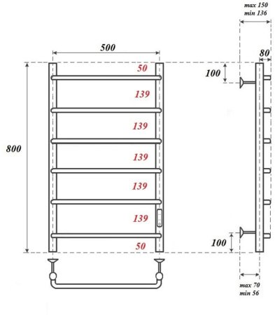 Полотенцесушитель электрический Point Ника PN08858 П6 500x800 диммер справа, хром 