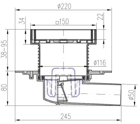 Душевой трап Paini C1381A с решеткой под плитку 