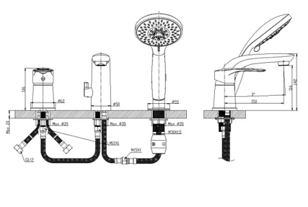 Смеситель на борт ванны Rossinka T40-39 Хром 