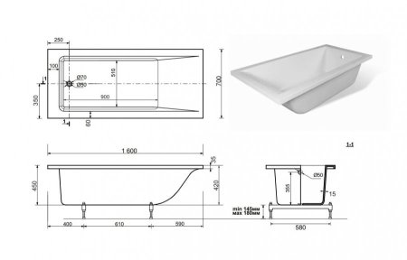 Ванна из литьевого мрамора Эстет Дельта 160A 160x70 