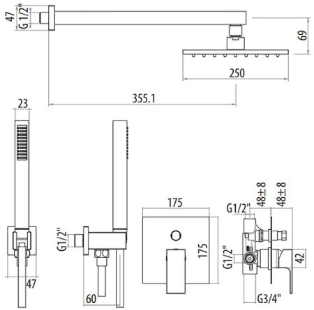 Душевая система Gattoni Kubik KTQ15/PDNO Черная матовая 
