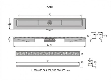 Душевой лоток Berges B1 Antik 800 090026 с решеткой Хром матовый 
