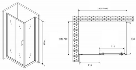 Душевой уголок Abber Schwarzer Diamant 140x70 AG301405-S705 профиль Хром стекло прозрачное 