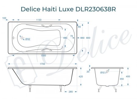 Ванна чугунная Delice Haiti Luxe 170х80 с отверстиями под ручки DLR230638R 