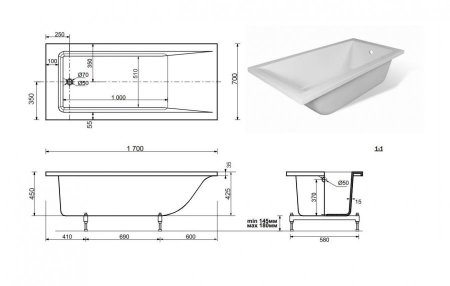Ванна из литьевого мрамора Эстет Дельта 170A 170x70 
