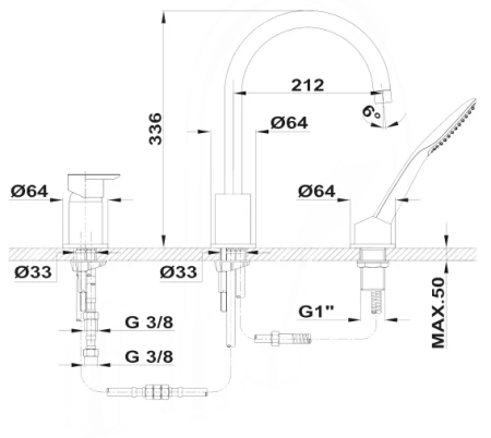 Смеситель для ванны на 3 отверстия TEKA Formentera 621520200 хром 
