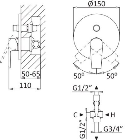 Смеситель Cezares Nautic VDIM-01 С ВНУТРЕННЕЙ ЧАСТЬЮ, для душа 