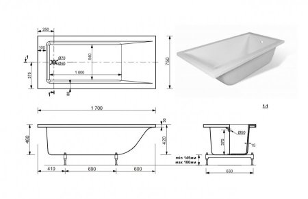 Ванна из литьевого мрамора Эстет Дельта 170B 170x75 