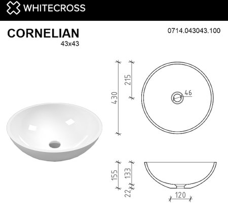 Раковина-чаша Whitecross Cornelian 43 0714.043043.100 Белая глянцевая 