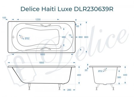 Ванна чугунная Delice Haiti Luxe 180х80 с отверстиями под ручки DLR230639R 