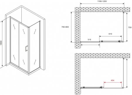 Душевой уголок Abber Schwarzer Diamant 120x80 AG30120B5-S80B5 профиль Черный стекло прозрачное 