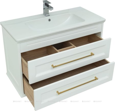 Тумба с раковиной Aquanet Бостон М 100 белый (ручки золото, раковина Эйфория 100) 