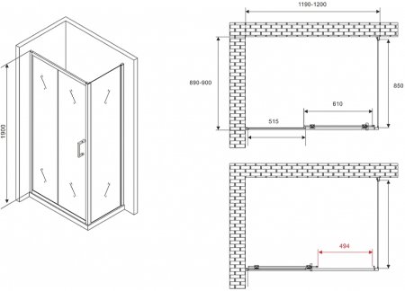 Душевой уголок Abber Schwarzer Diamant 120x90 AG30120B5-S90B5 профиль Черный стекло прозрачное 