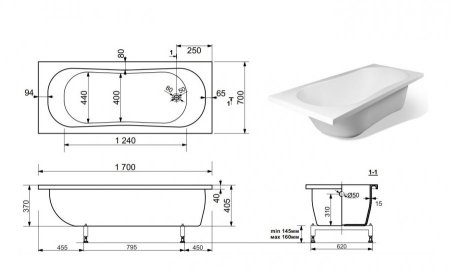 Ванна из литьевого мрамора Эстет Лаура 170 170x70 