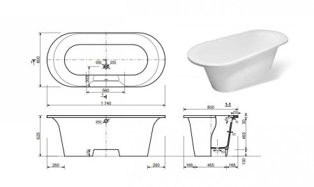 Ванна отдельностоящая из литьевого мрамора Эстет Лион 174 174x80 