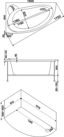 Акриловая ванна Bas Вектра 150x90 см L 