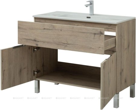 Тумба с раковиной Aquanet Алвита New 100 1 ящик, 2 дверцы, дуб веллингтон белый 