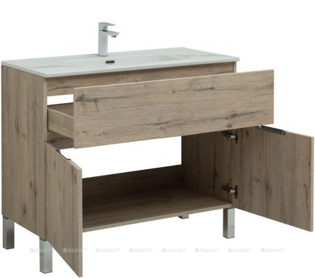 Тумба с раковиной Aquanet Алвита New 100 1 ящик, 2 дверцы, дуб веллингтон белый 