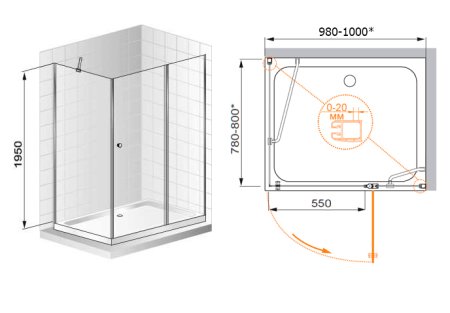 Душевой уголок Cezares Elena AH1 100/80 P Cr R 