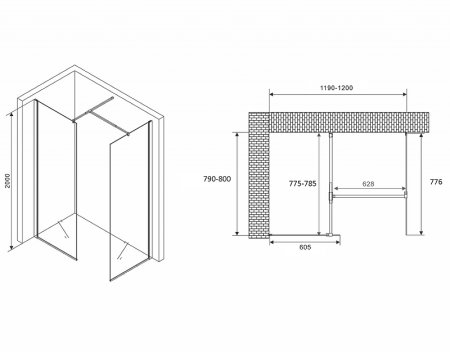 Душевая перегородка Abber Immer Offen 120 AG67128B профиль Черный стекло прозрачное 
