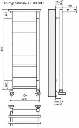 Водяной полотенцесушитель Terminus Контур П8 300x900 4660059582412 с полкой Хром 