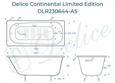 Ванна чугунная Delice Continental Limited Edition 165х70 с антискользящим покрытием DLR230644-AS 