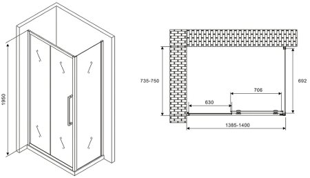 Душевой уголок Abber Schwarzer Diamant 140x75 AG30140H-S75 профиль Хром стекло прозрачное 