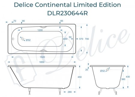 Ванна чугунная Delice Continental Limited Edition 165х70 с отверстиями под ручки DLR230644R 