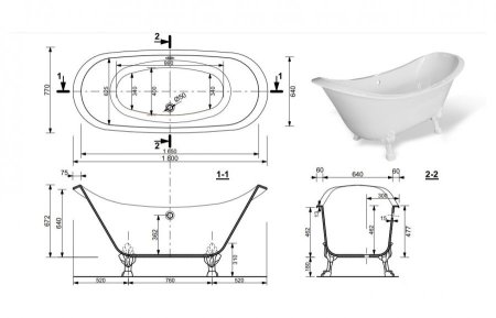 Ванна отдельностоящая из литьевого мрамора Эстет Скарлетт 180 180x77 