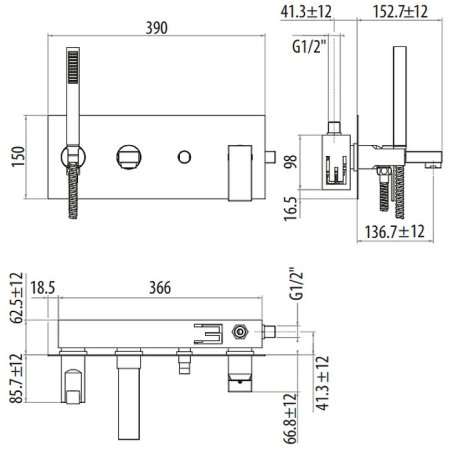 Смеситель для ванны Gattoni Kubik 2505/25NO Черный матовый 