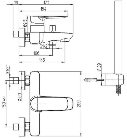 Смеситель для ванны Paini Nove 09PZ100 Черный матовый 