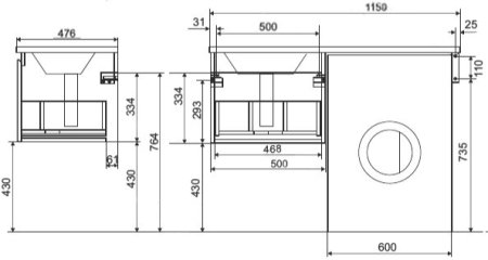 Тумба с раковиной Эстет Dallas Luxe 115 подвесная, 1 ящик, под стиральную машину, L 