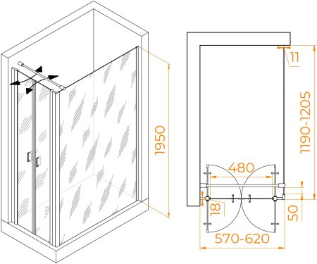 Душевой уголок RGW PA-144B (PA-104B+Z-050-2B+O-104B) 600x1200 
