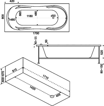 Акриловая ванна Bas Ахин 170 см с г/м + средство 