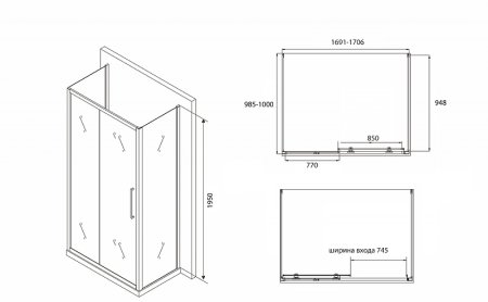 Душевой уголок Abber Schwarzer Diamant 170х100 AG30170BH-S100B-S100B профиль Черный стекло прозрачное 