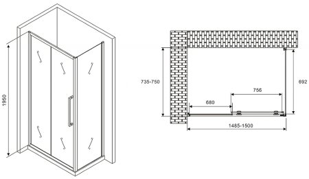Душевой уголок Abber Schwarzer Diamant 150x75 AG30150H-S75 профиль Хром стекло прозрачное 