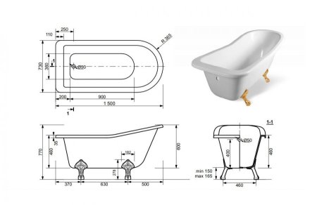 Ванна отдельностоящая из литьевого мрамора Эстет Царская 150 150x73 