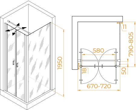 Душевой уголок RGW PA-144B (PA-104B+Z-050-2B+O-104B) 700x800 