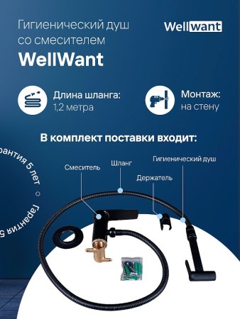 Гигиенический душ со смесителем WellWant WWG00010B Черный матовый 