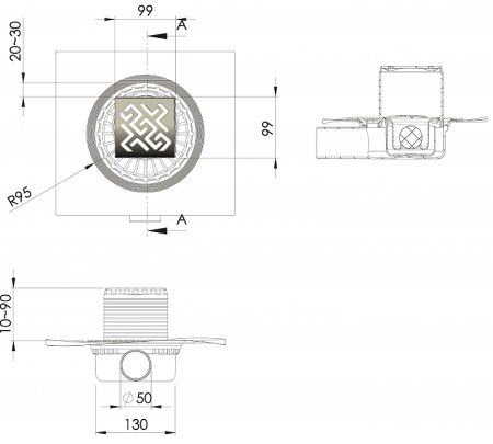 Душевой трап Berges Zentrum Antik 100x100 090364 с решеткой Хром матовый 