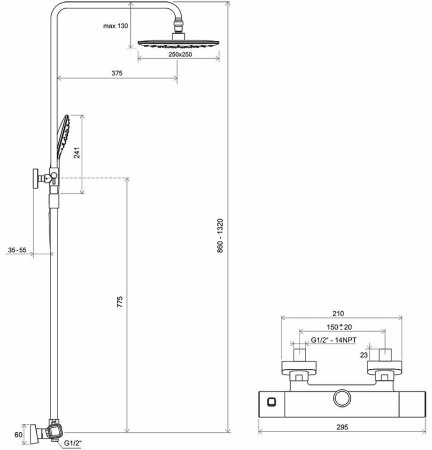 Душевая система Ravak 10  Free TD F 091.00/150 X070141 с термостатом Хром 
