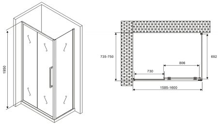 Душевой уголок Abber Schwarzer Diamant 160x75 AG30160H-S75 профиль Хром стекло прозрачное 