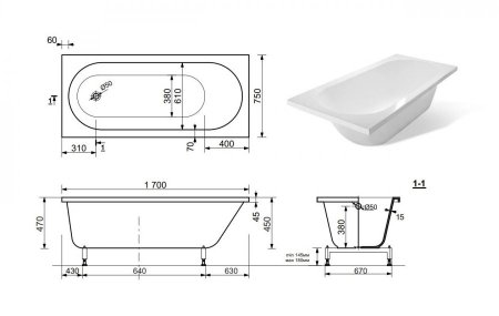 Ванна из литьевого мрамора Эстет Честер 170 170x75 