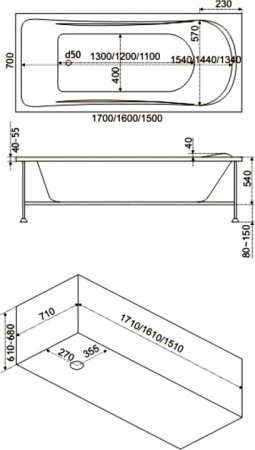 Акриловая ванна Bas Атланта 170 см с г/м + средство 