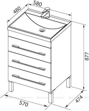 Тумба с раковиной Aquanet Верона 58 белый (напольная 3 ящика) 