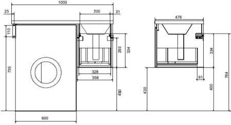 Тумба с раковиной Эстет Dallas Luxe 100 подвесная, 1 ящик, под стиральную машину, R 