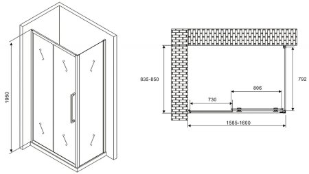 Душевой уголок Abber Schwarzer Diamant 160x85 AG30160H-S85 профиль Хром стекло прозрачное 