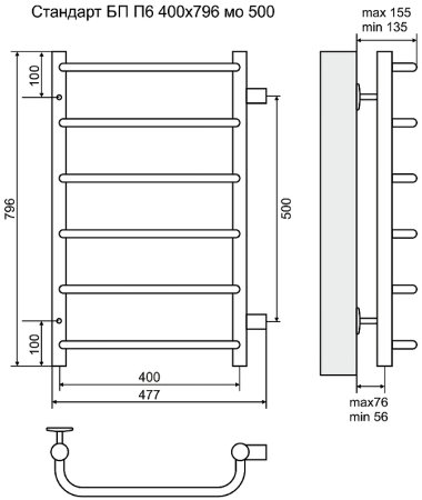 Водяной полотенцесушитель Terminus Стандарт П6 400x796 4670030725318 Хром с боковым подключением 